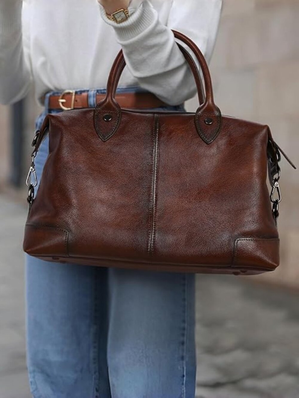 NWT! Top-Notch Heshe Genuine Cowhide Leather Satchel Tote Bag w/Shoulder Strap